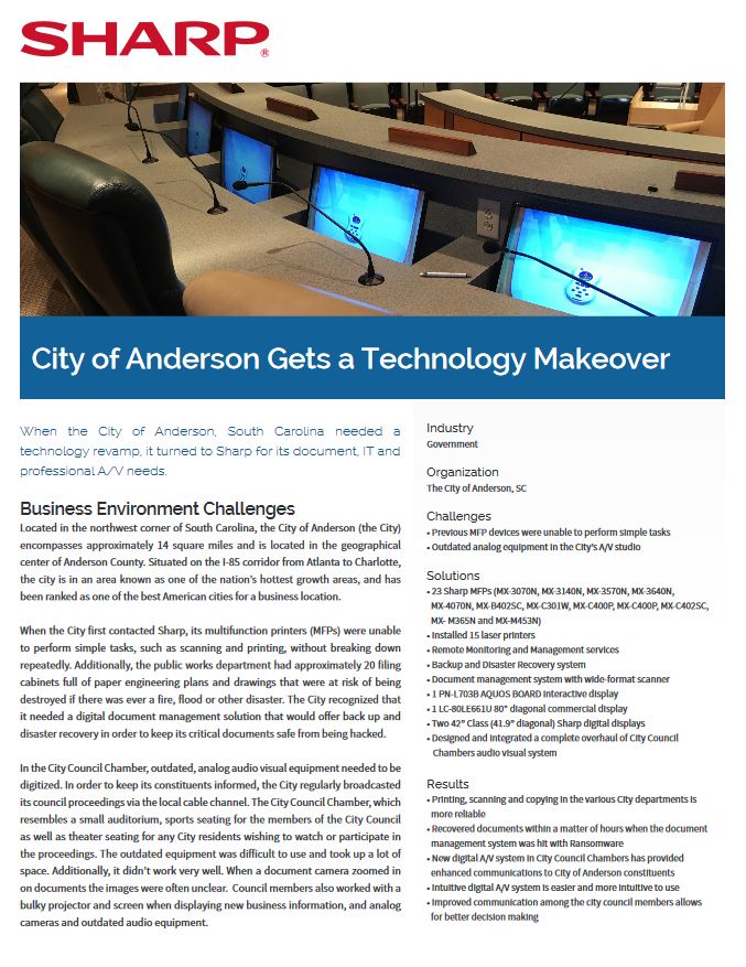 City Of Anderson Case Study Cover, Sharp, Alltech Business Solutions, Sharp, Lexmark, Fujitsu, Copier, MFP, Printer, Scanner, New Jersey, NJ, Dealer