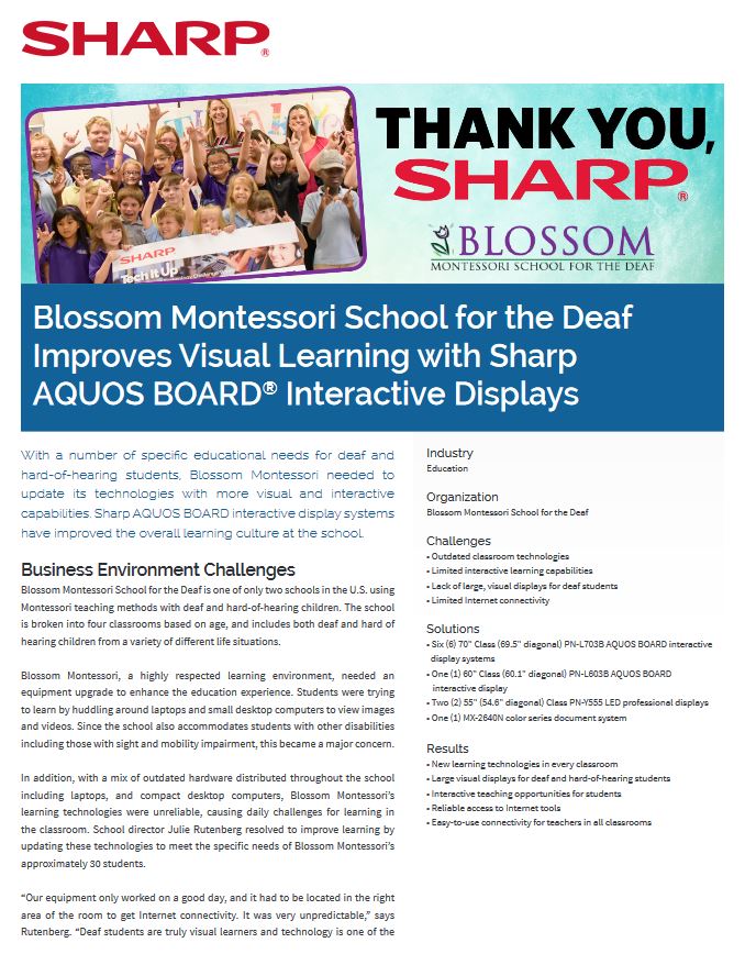 Blossom Montessori School For The Deaf Aquos Board Pdf Cover, Aquos board, Sharp, Alltech Business Solutions, Sharp, Lexmark, Fujitsu, Copier, MFP, Printer, Scanner, New Jersey, NJ, Dealer