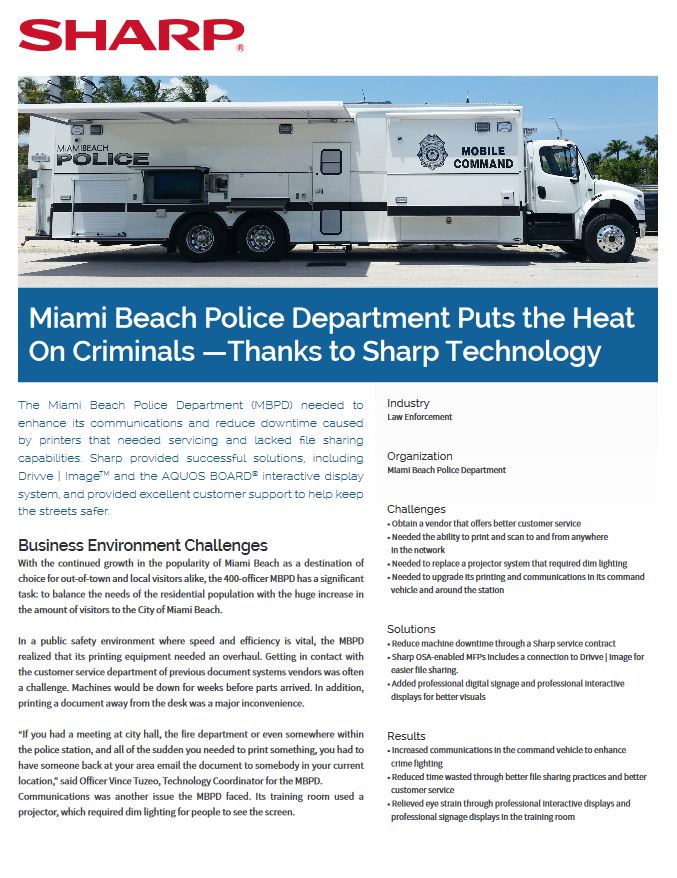 Miami Beach Police Aquos Pdf Cover, Aquos board, Sharp, Alltech Business Solutions, Sharp, Lexmark, Fujitsu, Copier, MFP, Printer, Scanner, New Jersey, NJ, Dealer
