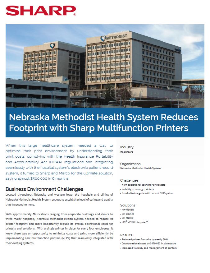 Nebraska Methodist Health Case Study Cover, Sharp, Alltech Business Solutions, Sharp, Lexmark, Fujitsu, Copier, MFP, Printer, Scanner, New Jersey, NJ, Dealer