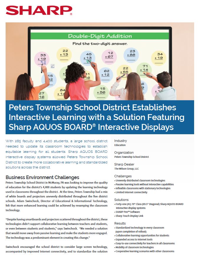 Peters Township School District Aquos Board Case Study, Sharp, Alltech Business Solutions, Sharp, Lexmark, Fujitsu, Copier, MFP, Printer, Scanner, New Jersey, NJ, Dealer