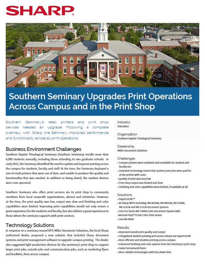 Southern Seminary Print Operations Case Study Education, Sharp, Alltech Business Solutions, Sharp, Lexmark, Fujitsu, Copier, MFP, Printer, Scanner, New Jersey, NJ, Dealer